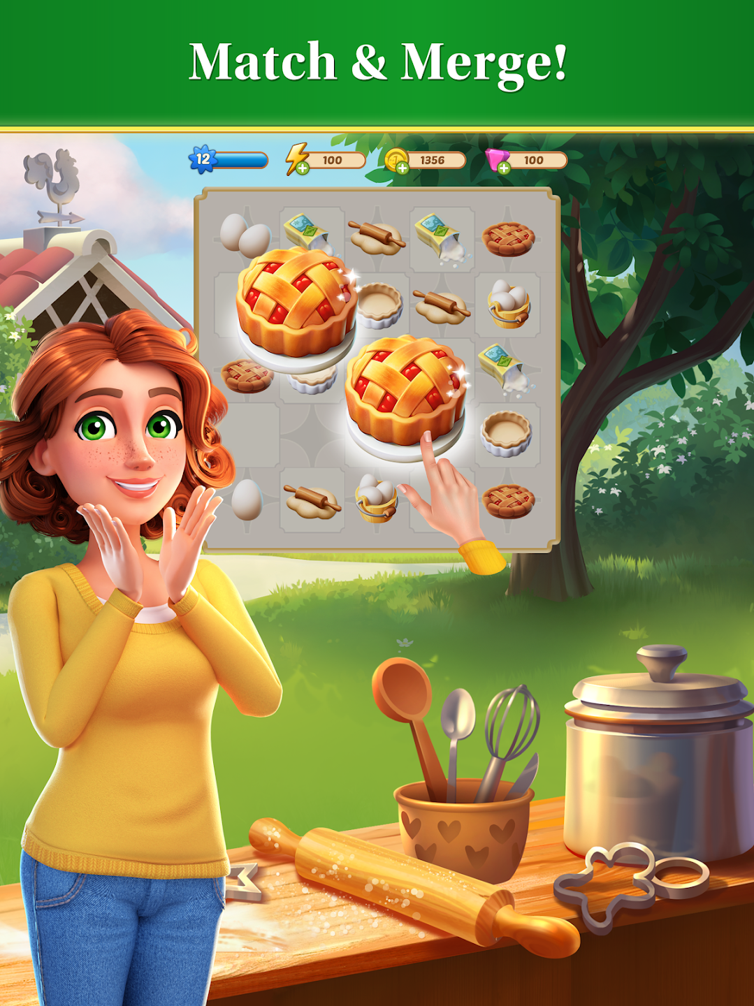 Merge Mansion – Image from Play Store showing Maddie being excited in front of a the merge game board on which you see two pies being merged and other baking items. In the background you see a garden scene.